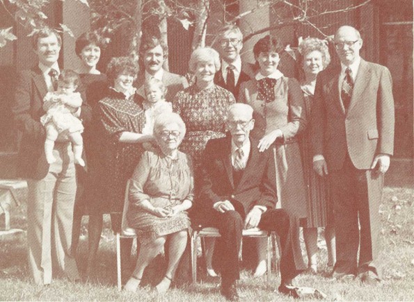 [H. M. S. Richards with his wife, Mabel, and extended family in front of the Voice of Prophecy studio]