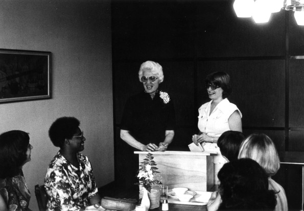 [Hedwig Jemison and Pat Mutch speaks at a gathering of the Andrews University Campus and Community Women's Club]