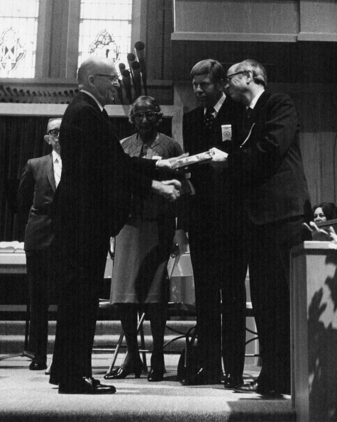 [Frank Lewis Marsh receiving an award at Andrews University's 1973 alumni homecoming]