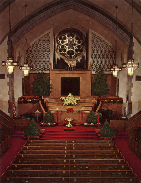 Interior of the Takoma Park Seventh-day Adventist Church at Christmas time, probably 1970s
