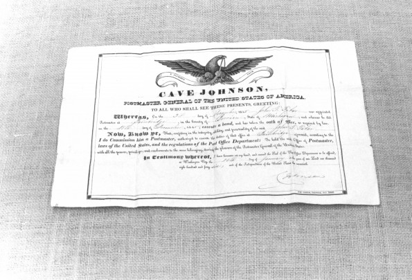 [An 1845 proclamation signed by Cave Johnson, appointing John Taber the postmaster of Bainbridge, Michigan]