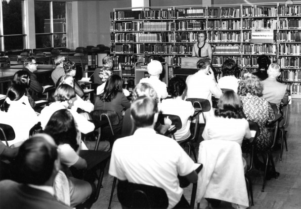 [Library staff meeting led by Mary Jane Mitchell in the James White Library]