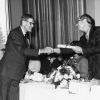 [Wilson L. Trickett shaking hands with Richard Hammill during Andrews University's 1971 alumni homecoming]
