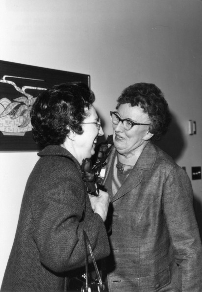 [Mrs. Hammill and Mrs. Cossentine embracing during Andrews University's 1972 alumni homecoming weekend]