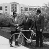 [Edward Nachreiner with the bicycle presented to him in recognition of 37 years of service]