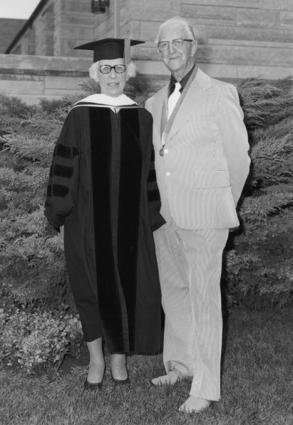 [Sidney W. Tymeson and Miriam Gilbert Tymeson at the 1974 Andrews University commencement where both received awards]