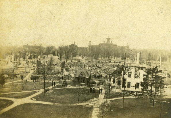 Battle Creek Sanitarium after the fire, February 1902, Battle Creek College buildings are visible in the background