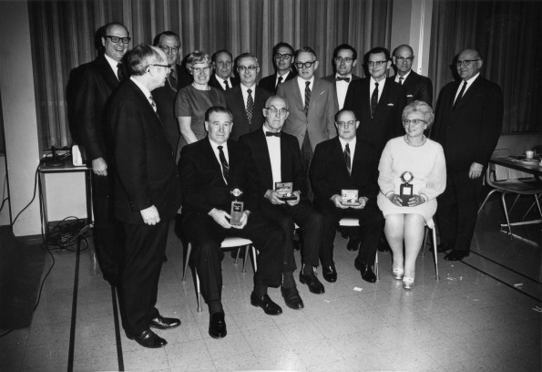 [Andrews University employees who received service awards at the 1971 annual board, faculty, and staff banquet]
