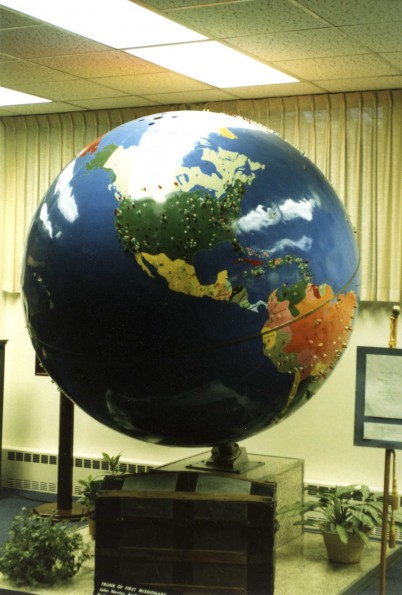 [Missionary Globe and J.N. Andrews trunk in the Andrews University Heritage Room]