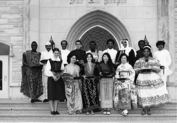 [Andrews University students in international clothing for a special offering during the 1972 alumni homecoming]