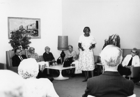 [Natelkka Burrell speaking at the senior citizens meeting in 1970]