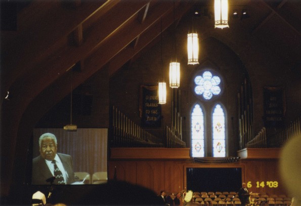[Charles E. Bradford speaking at Pioneer Memorial Church]